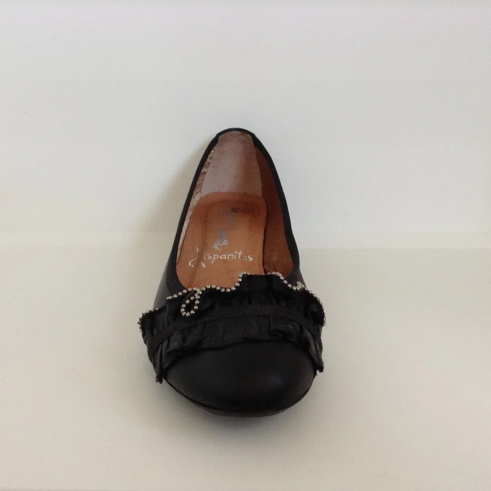 Hispanitas Black Leather Ruffle Zipper Low Heel Pumps Spain 39 US 8.5 Balletcore
